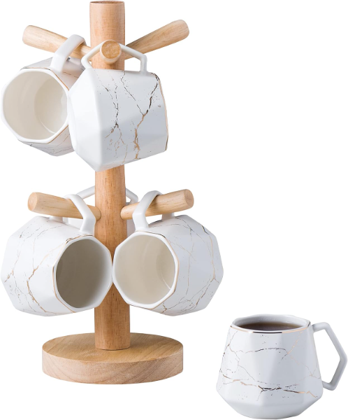 7PC Deluxe Golden Marble Porcelain Coffee Mug Set & Wooden Mug Tree Holder - 810058710772