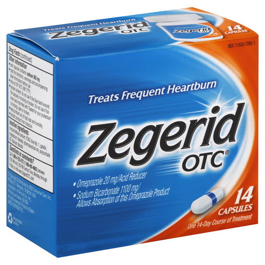 Zegerid OTC 24-Hour Heartburn Relief Omeprazole 20mg + Sodium Bicarbonate 14 Capsules - 041100806734