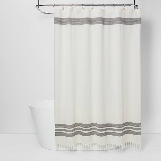 Striped Fringe Shower Curtain Off-White - 191908270586
