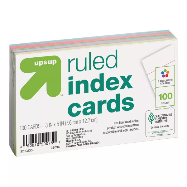 100ct 3" x 5" Ruled Index Cards Multicolor - up&up? - 191908973401