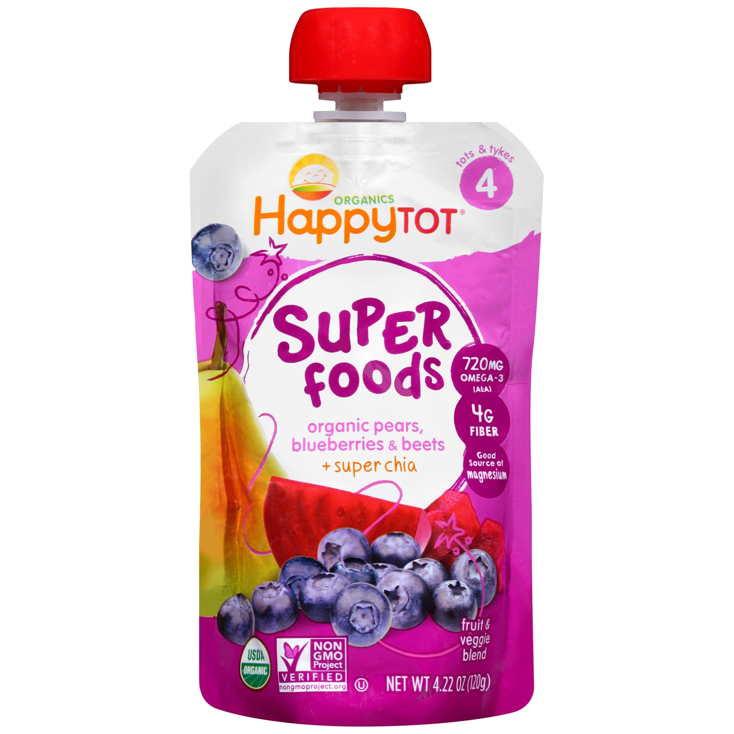 Happy Tot Toddler Food - Organic - Stage 4 - Blueberry Pear and Beet - 4.22 oz - 819573010275