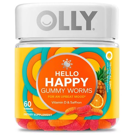 BEST BUY 7/2024 OLLY Hello Happy Gummy Worm Supplements with Vitamin D and Saffron - 60ct - 8401602004033