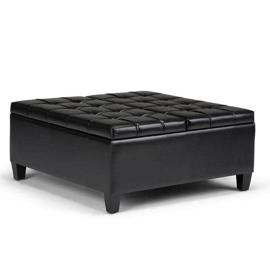 Simpli Home - Harrison 36 inch Wide Transitional Square Coffee Table Storage Ottoman in Faux Leather - Midnight Black - 840469019836