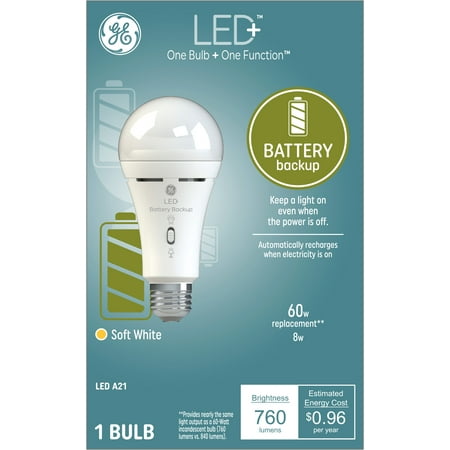 GE LED+ Backup Battery LED Light Bulb 60 Watt Soft White A21 Bulb Medium Base - 043168502139