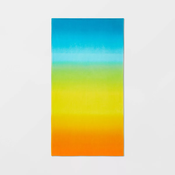 Gradient Beach Towel Blue/Yellow/Orange - Velour Cotton, Ombre Design, Lightweight, Machine Washable - 197543420058