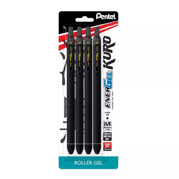 4ct EnerGel Kuro Liquid Gel Pen 0.7mm Medium Line Black - Pentel - 072512284803