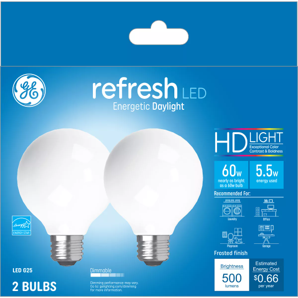 GE 2-Pack 5.5-Watt Refresh LED Energetic Daylight Dimmable G25 HD Light Bulbs - 043168317092