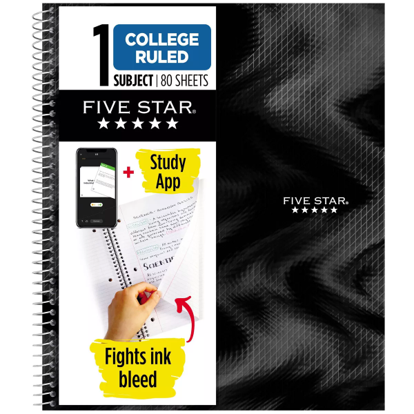 Five Star Active 1 Subject 80ct College Ruled Notebook Black - 038576369856