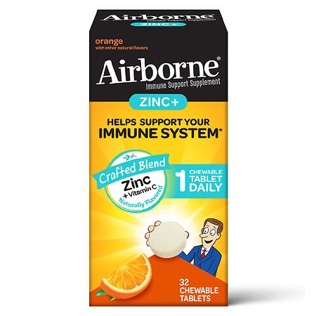 Airborne Zinc & Vitamin C ? Orange Flavored Chewable Tablets (32 count in a box) Gluten Free & Non-GMO Immune Support Supplement No Color Added Naturally Flavored Antioxidants 1 Tablet Daily - 647865995807
