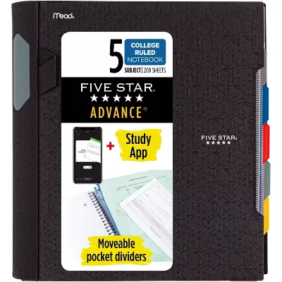 Five Star 200 Sheets 5 Subject College Ruled Spiral Notebook with Pocket Dividers Black - 038576167827