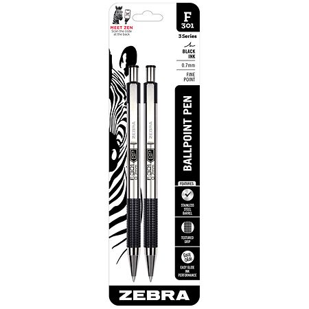 Zebra Pen F-301 Ballpoint Stainless Steel Retractable Pen Fine Point 0.7mm Black Ink 2-Count - 045888271128