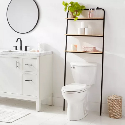 Over The Toilet Storage Black Metal and Wood - Space-Saving Bathroom Organizer with 3 Fixed Shelves - 191908882437