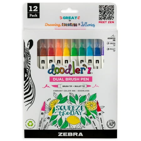 Zebra Doodlerz Dual Brush Pens 12/Pkg-Assorted - 045888610026