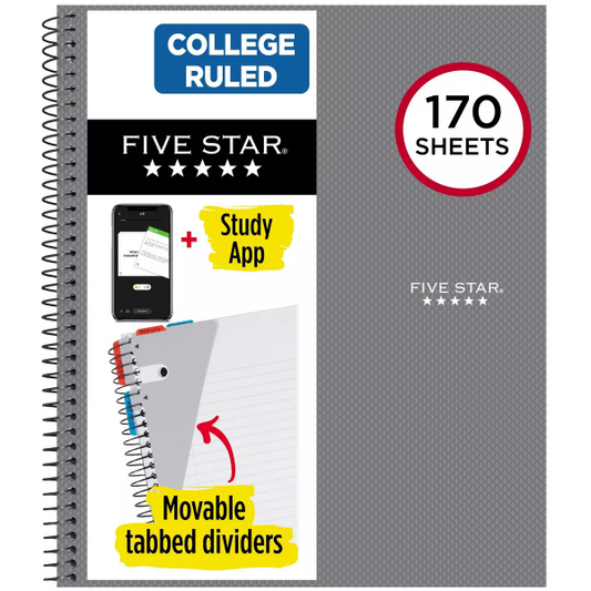 Five Star 170 Sheets College Ruled Notebook Feature Rich Gray - 038576997714