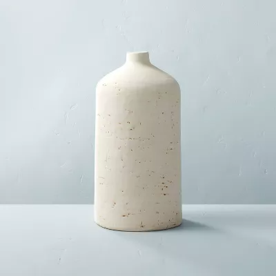 16" Distressed Ceramic Vase Natural Cream - Farmhouse Style, Bottle Shape, Tabletop Decor, Spot Clean - 679418048562