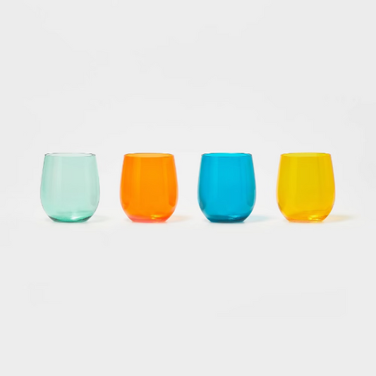 14oz 4pk Stemless Wine Glasses Orange/Blue/Yellow - 197543610350