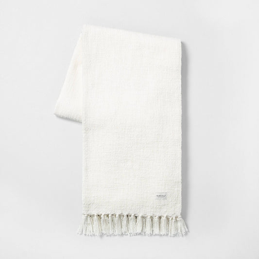 Knotted Fringe Throw Blanket White - 191908060361