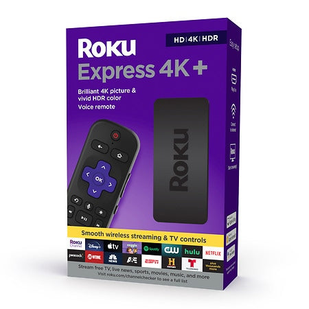 Roku Express 4K+ | Streaming Player HD/4K/HDR with Roku Voice Remote with TV Controls, includes Premium HDMI Cable - Black - 829610004624