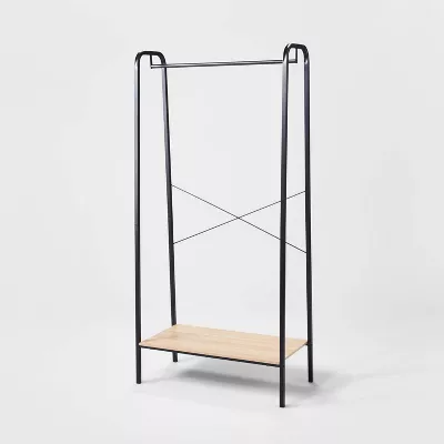 Single Shelf Garment Rack Black Metal with Natural Wood - 811817025762