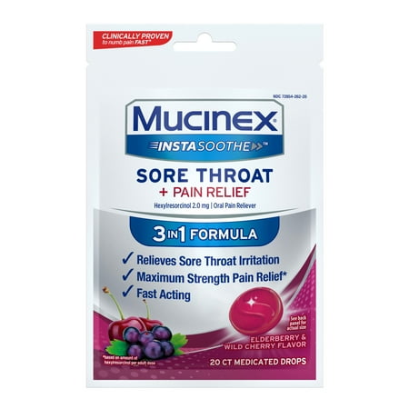 PAST DATE 8/24 Mucinex InstaSoothe Sore Throat + Pain Relief Elderberry & Wild Cherry Flavor Fast Acting Powerful Sore Throat Oral Pain Reliever 20 Medicated Drops - 3638242157163