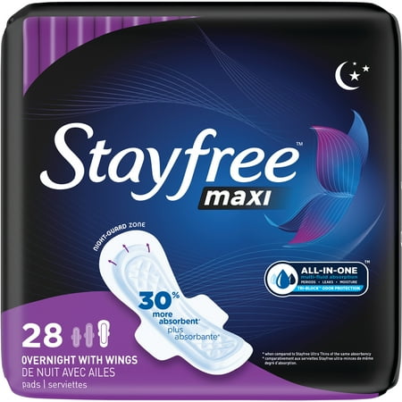 Stayfree Maxi Pads Overnight with Wings, 28 ct. - 078300070306