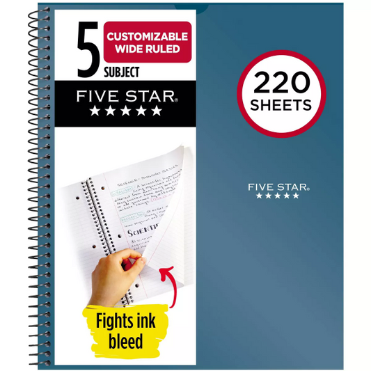 Five Star 220 Sheets 5 Subject Wide Ruled Customizable Notebook Feature Rich Teal - 038576997417