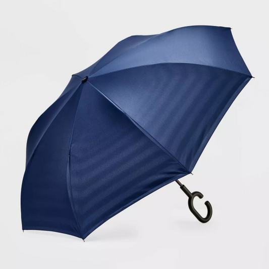 ShedRain UnbelievaBrella Striped Reverse Opening Stick Umbrella - Navy Blue - 091806264031