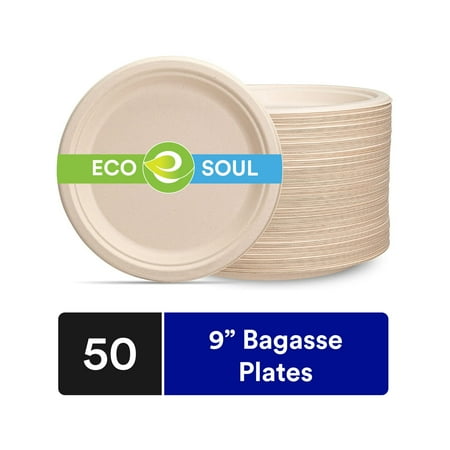 ECO SOUL 100% Compostable 9 Inch Bagasse Paper Plates 50 Counts | Heavy-Duty Disposable Plates | Eco-Friendly Made of Sugarcane Fibers-Natural Unbleached Biodegradable Plates - 850023080639