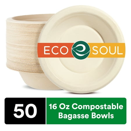 ECO SOUL 100% Compostable 16 oz Bagasse Bowls 50 counts | Heavy-Duty Disposable Bowls | Eco-Friendly Made of Sugarcane Fibers-Natural Unbleached Biodegradable Bowls - 850023080653