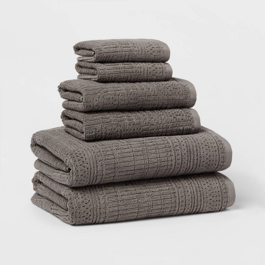 6pc Modern Bath Towels and Washcloths Set Light Gray - - 191908980751