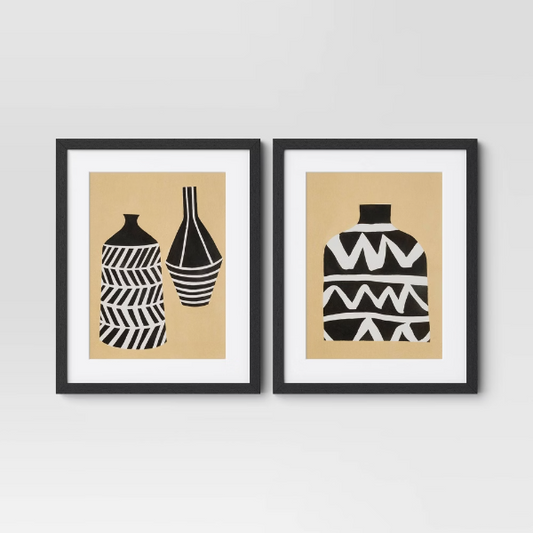 (Set of 2) 16" x 20" Vase Set I and II Framed Decorative Wall Art Set with Mat  Modern Bohemian Style - 628472098273