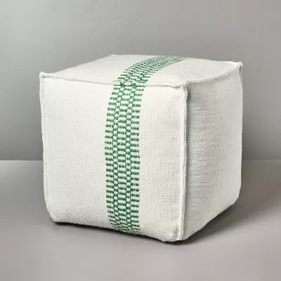 Checkered Stripe Indoor/Outdoor Ottoman Pouf Cream/Green -Weather-Resistant, Square Footstool - 197543912065