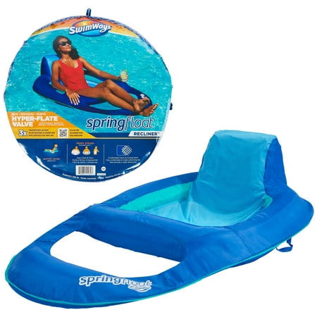SwimWays Spring Float Recliner Chair for Swimming Pool Inflatable Pool Floats Adult with Fast Inflation Cup Holder & Foot Rest for Ages 15 & Up Blue - 795861111797