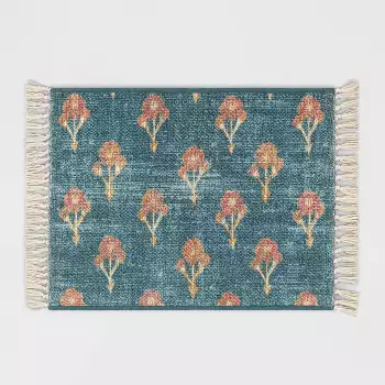 2'x3' Washable Floral Block Printed Accent Rug Blue - 191908843643