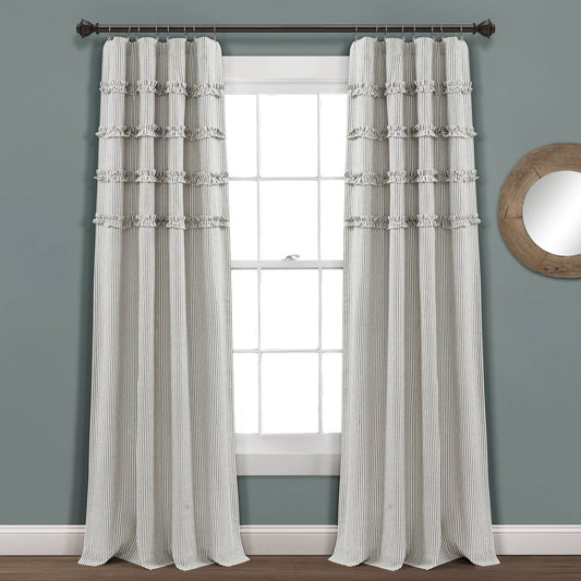 Lush Decor Vintage Stripe Ruffle 84 x 40 Stripe Gray 100% Cotton 3 Rod Pocket Pair Window Panel - 848742088258