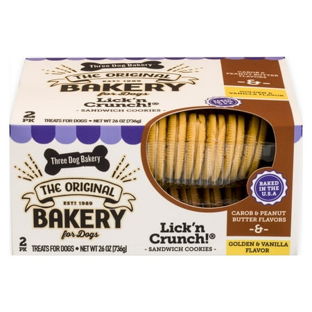 Three Dog Bakery Lick n Crunch Sandwich Cookies Carob and Peanut Butter and Golden and Vanilla Flavor Crunchy Treats for Dogs 26 oz. Box - 701159131361