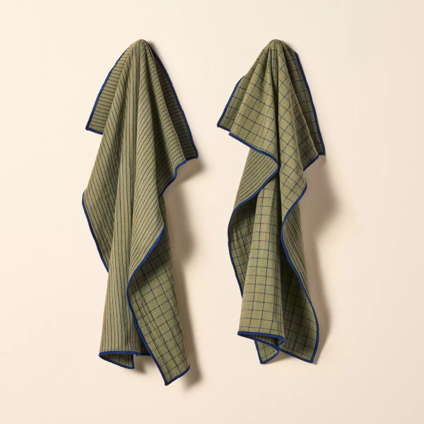 2ct Reversible Grid/Stripe Kitchen Towels Olive/Navy - 198101028020