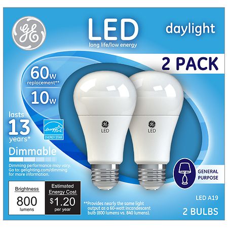 GE LED Daylight 10 Watt (60 Watt Equivalent) General Purpose A19 Light Bulbs Medium Base Dimmable (2 Pack) - 043168676052