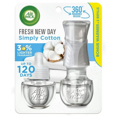 Air Wick Plug in Scented Oil Starter Kit (Warmer + 2 Refills) Fresh New Day Simply Cotton Air Freshener Essential Oils Spring Collection - 062338025612