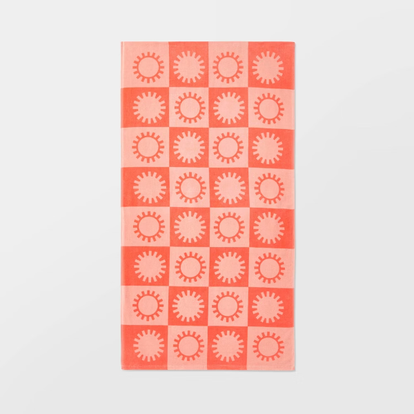 Checkered Sun Beach Towel Coral -Velour Cotton, Lightweight, Pool & XL Size - 197543420003