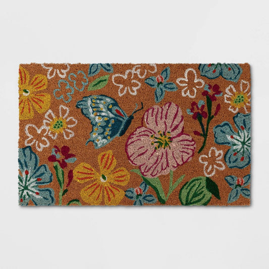 1'6"x2'6" All Over Floral Coir Doormat Blue/Natural - 197543453704