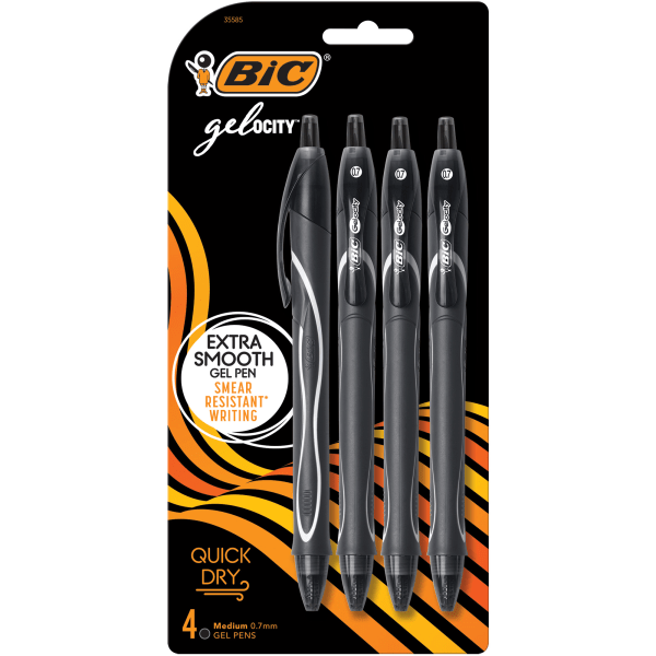 BIC Gelocity Quick Dry Black Gel Pens Medium Point (0.7mm) 4-Count Pack - 070330355859