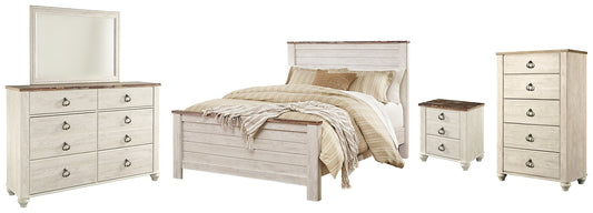 Willowton  Panel Bed With Mirrored Dresser, Chest And Nightstand