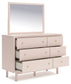 Wistenpine Twin Upholstered Panel Headboard with Mirrored Dresser and Nightstand