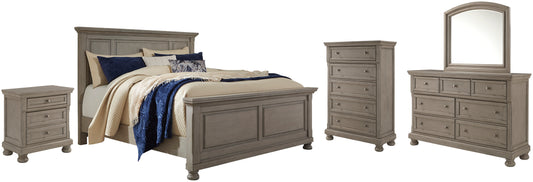 Lettner California King Panel Bed with Mirrored Dresser, Chest and Nightstand