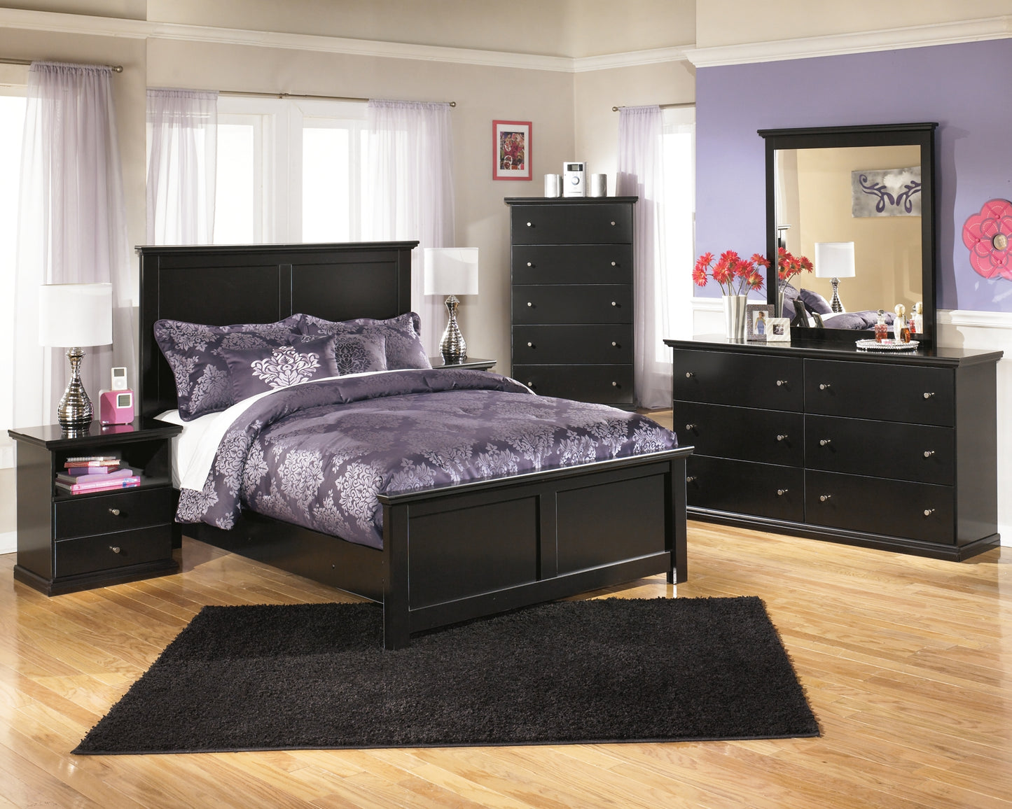 Maribel Full Panel Headboard with Mirrored Dresser