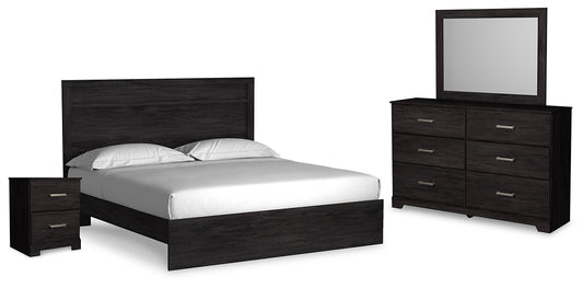 Belachime King Panel Bed with Mirrored Dresser and Nightstand