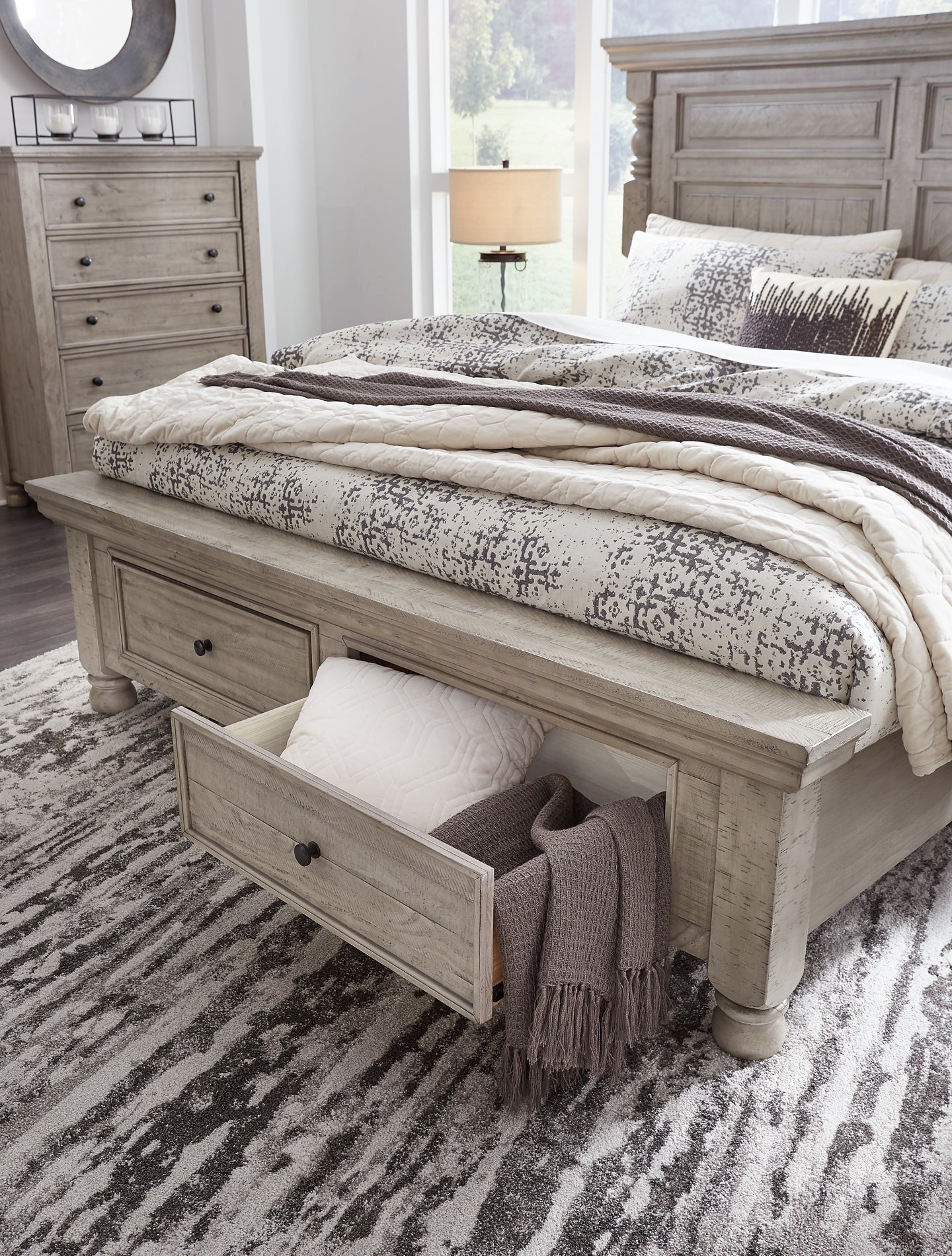 Harrastone Queen Panel Bed with Mirrored Dresser and Chest